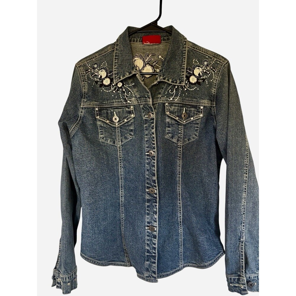 Ethyl Vintage Denim Y2K Floral Embroidered Bling Shirt Jacket Dark Jean Jacket L